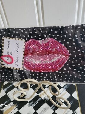 MacKenzie-Childs Pink Rhinestone Lip Face Mask - Black Polka Dot